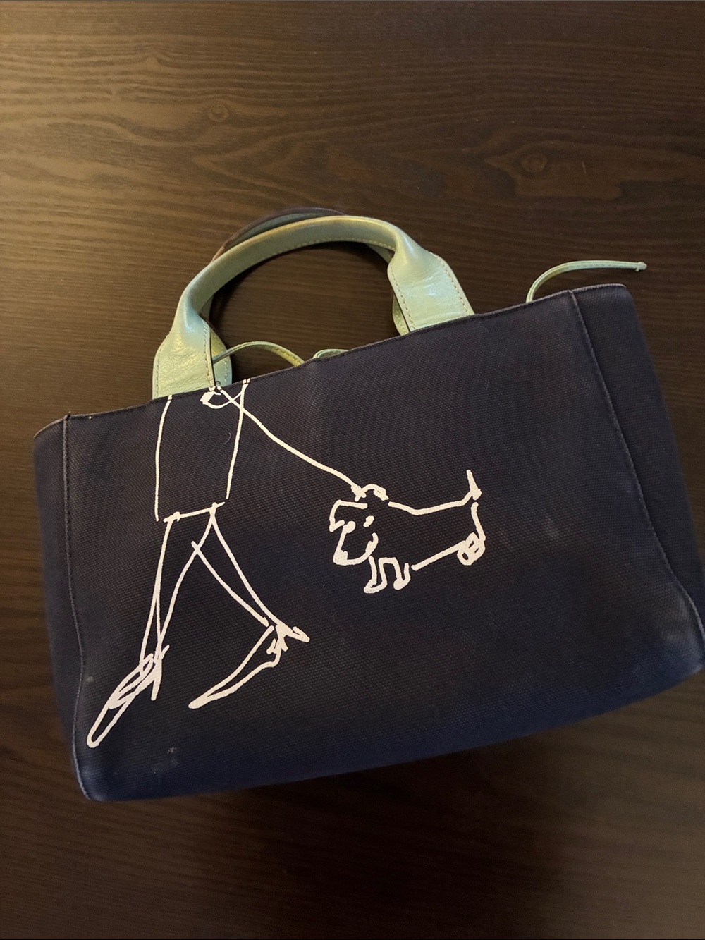 kate spade Navy Mini Tote with Light Green Handles and Dog Sketch